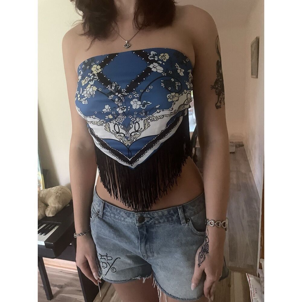 Blue Floral Stripe Fringe Bandana Tube Top L Strapless Tie Back Cotton Blend